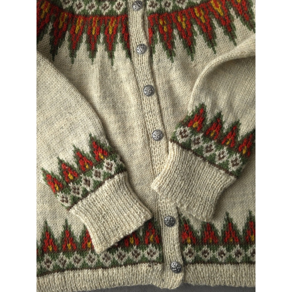 Handknit Cream Wool Cardigan with Multicolor Fair Isle Yoke - Picture 5 of 8